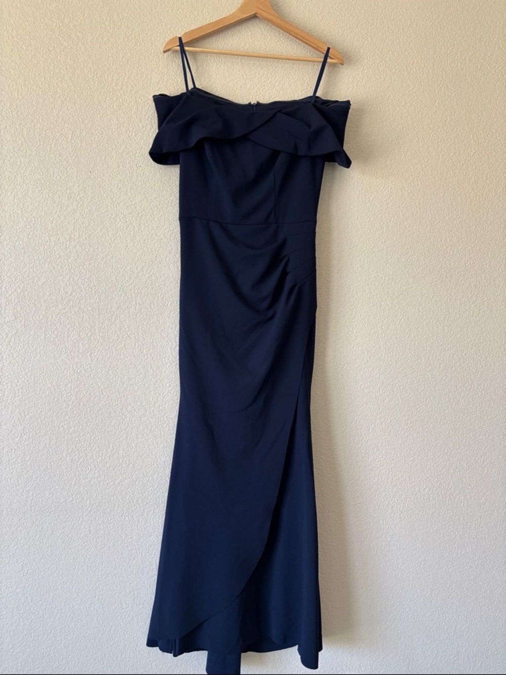 Xscape Off The Shoulder Scuba Crepe Evening Gown With Ruffled Neckline